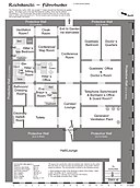 Uma planta em preto e branco de um edifício denominado "Kuchenkiitli - Führerbunker" com salas denominadas Relatório Presidencial, Túneis, Salão Político, Salão de Exposições e corredores e instalações de apoio.